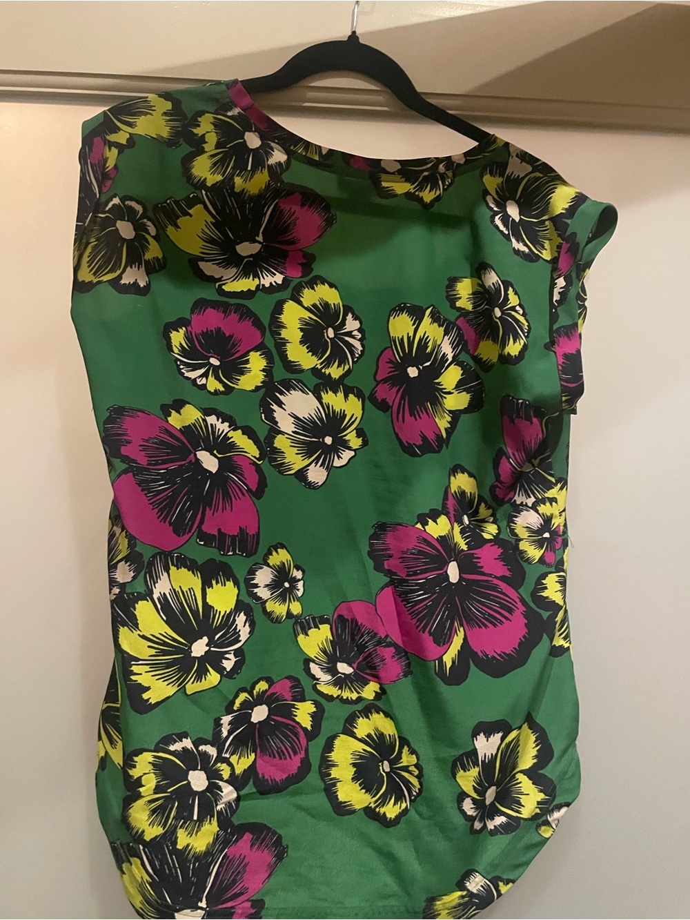 J Crew Women’s Green Floral Cap-Sleeve Top - Bold Pink & Yellow Print